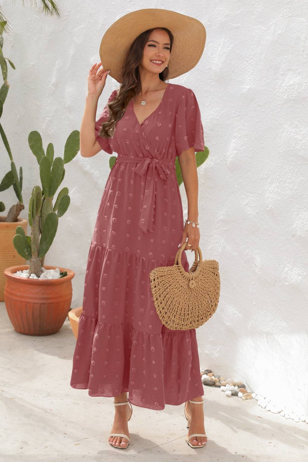 Swiss Dot Tied Surplice Short Sleeve Dress - Siennasass