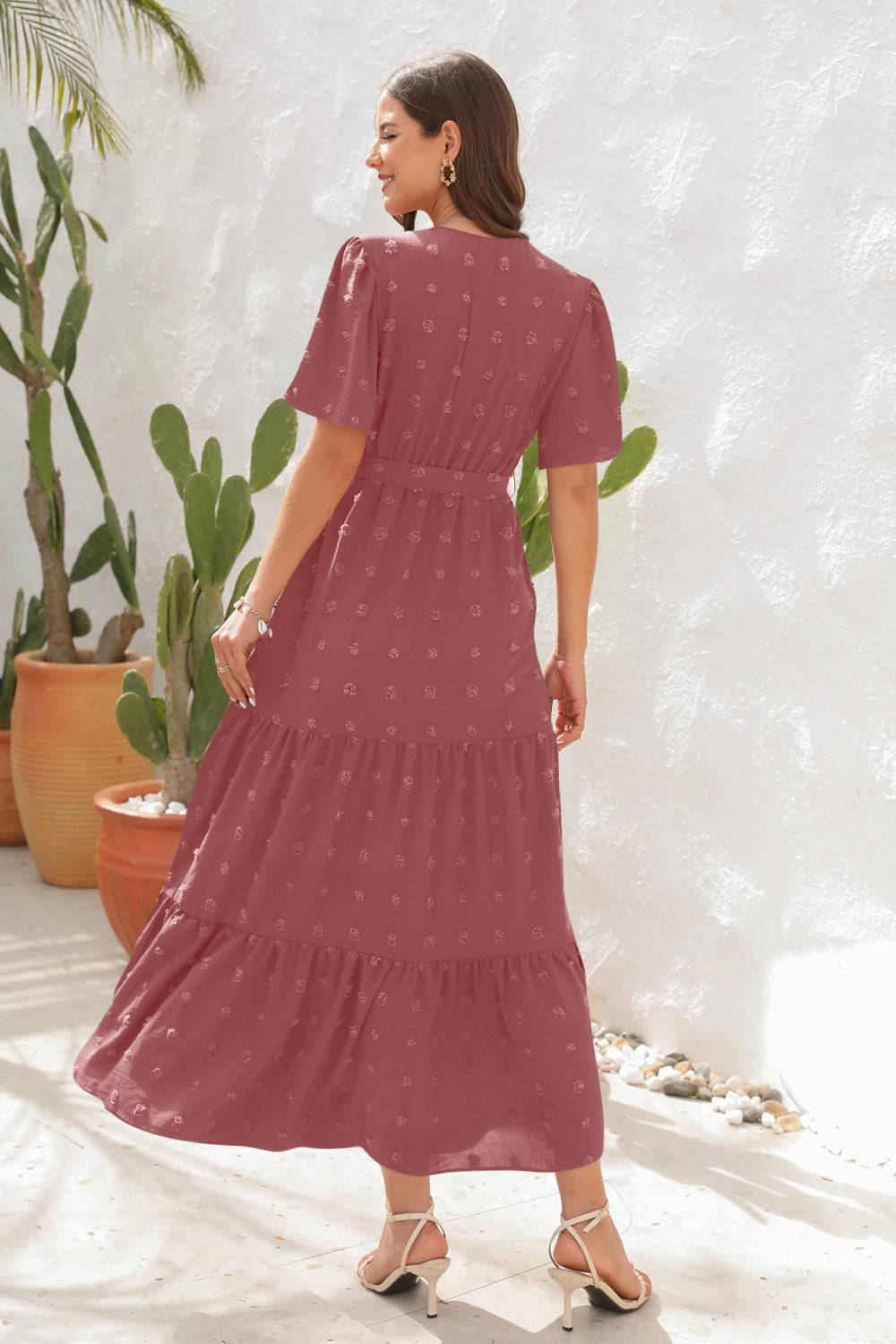 Swiss Dot Tied Surplice Short Sleeve Dress - Siennasass