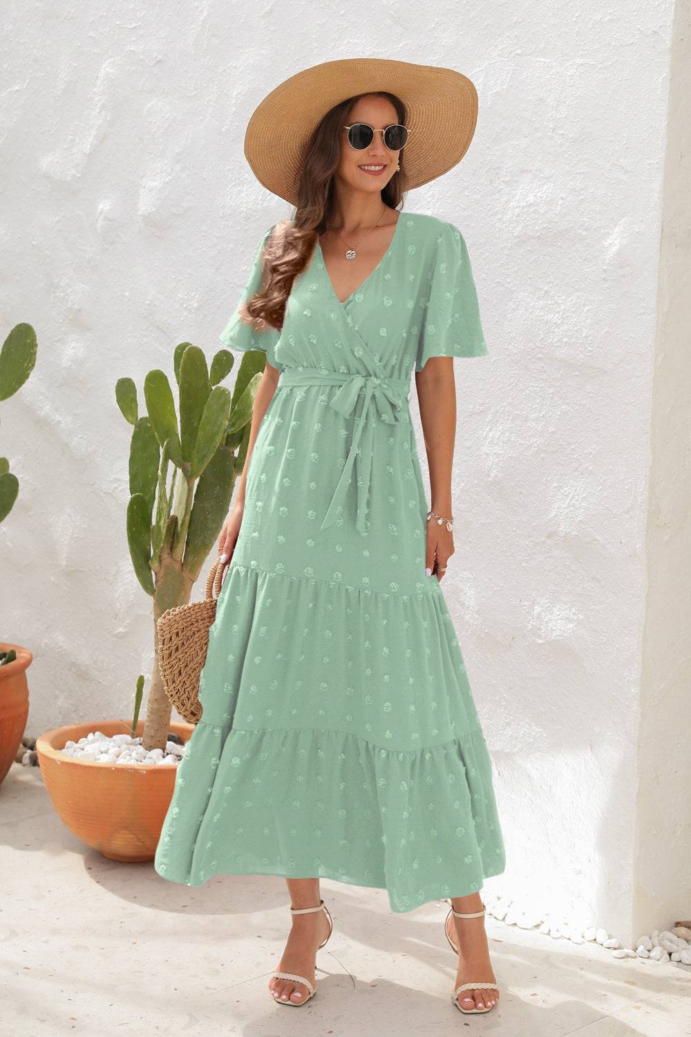 Swiss Dot Tied Surplice Short Sleeve Dress - Siennasass