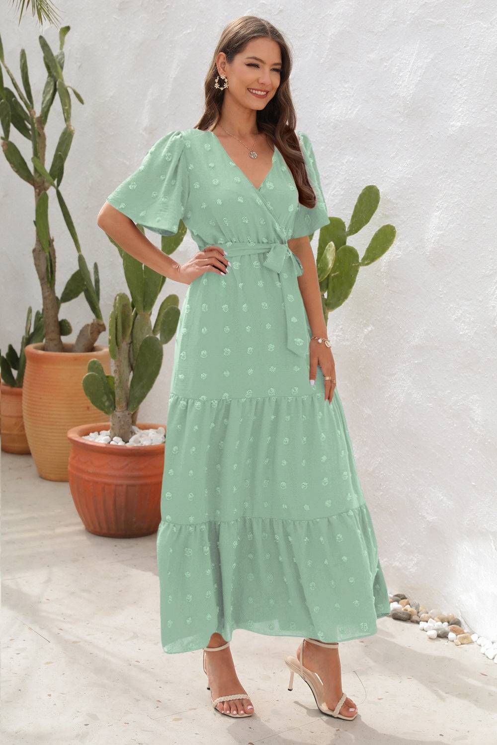 Swiss Dot Tied Surplice Short Sleeve Dress - Siennasass