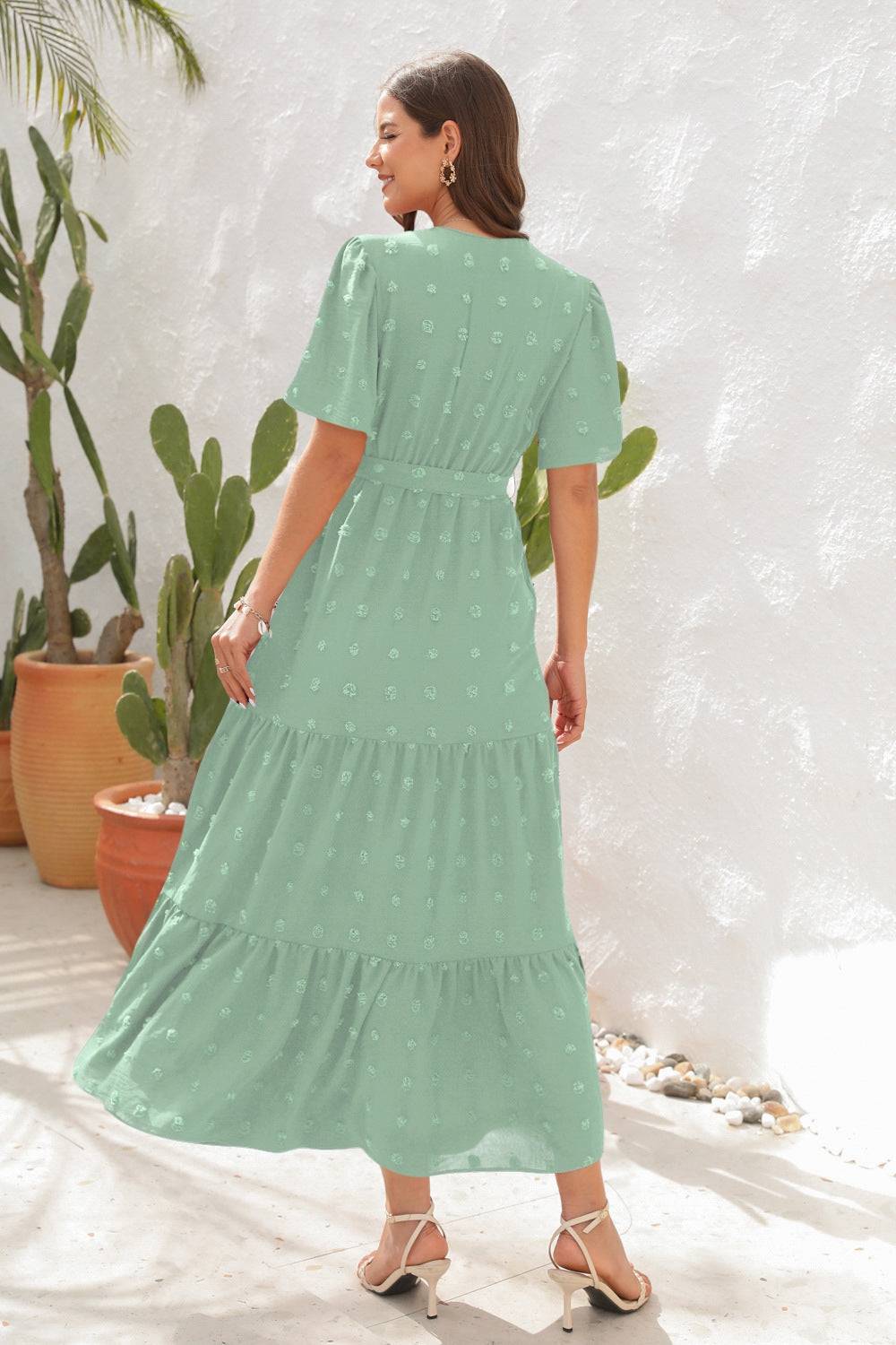 Swiss Dot Tied Surplice Short Sleeve Dress - Siennasass