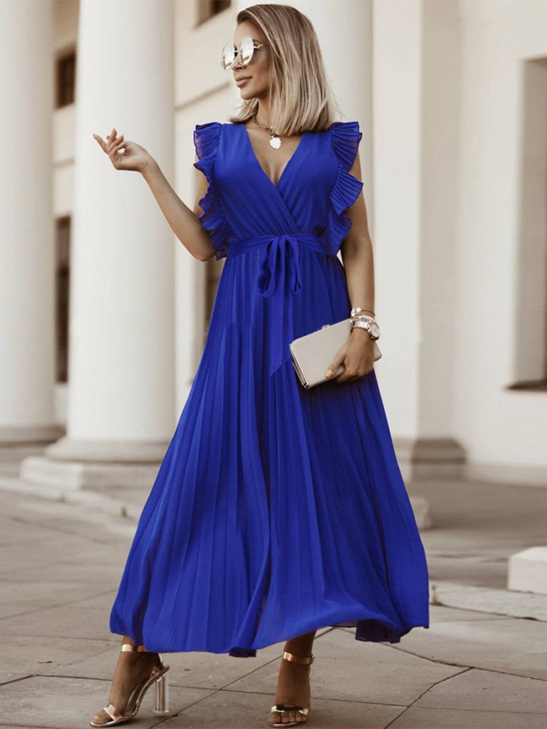 Tied Surplice Cap Sleeve Pleated Dress - Siennasass
