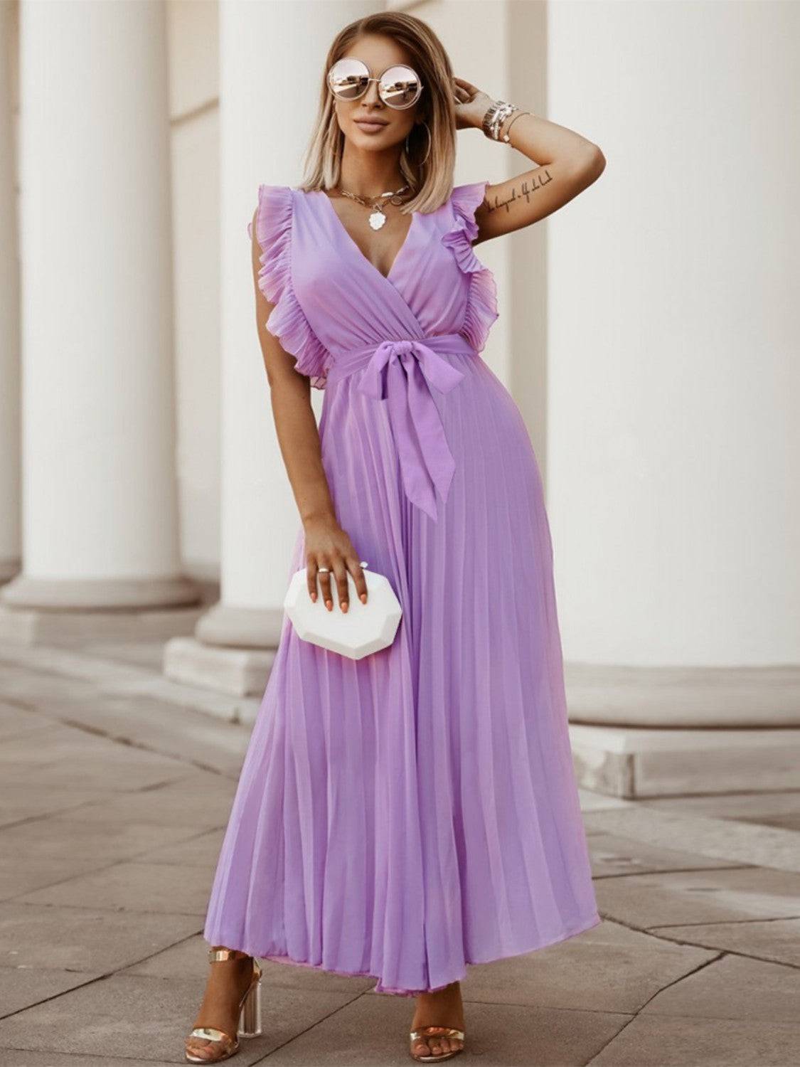 Tied Surplice Cap Sleeve Pleated Dress - Siennasass
