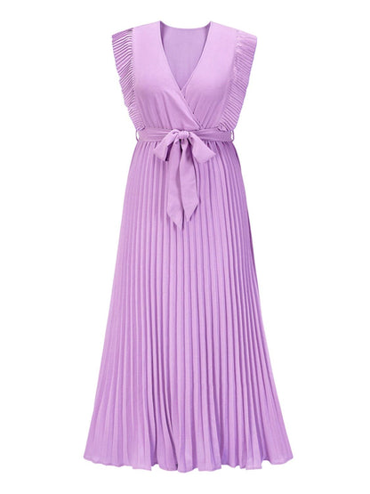 Tied Surplice Cap Sleeve Pleated Dress - Siennasass