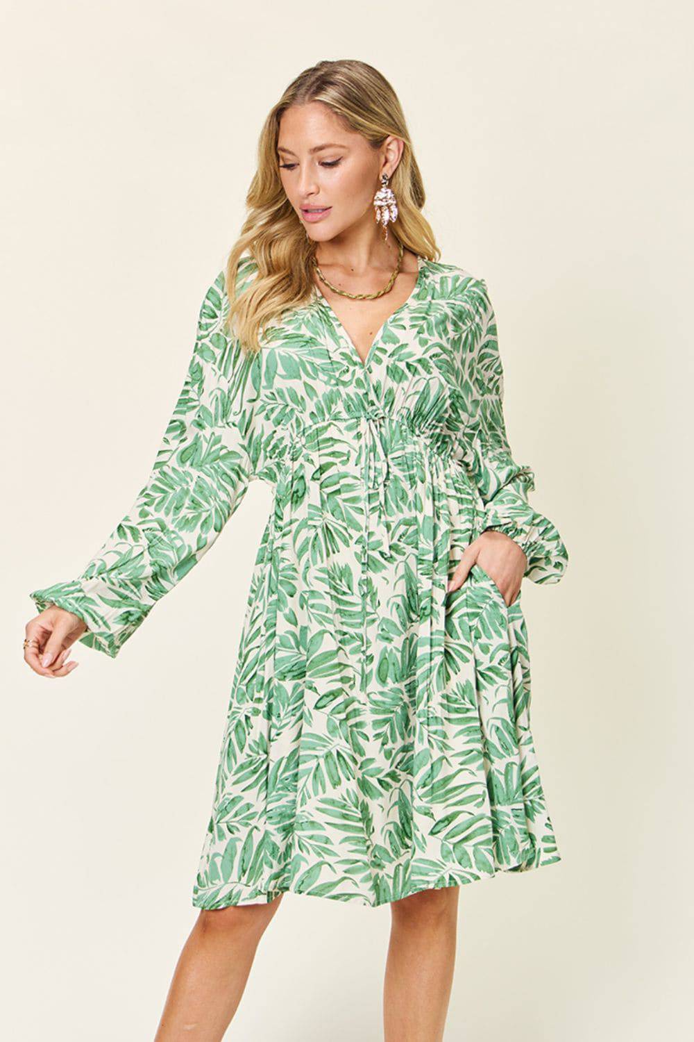 Double Take Full Size Printed Ruched Balloon Sleeve Dress - Siennasass