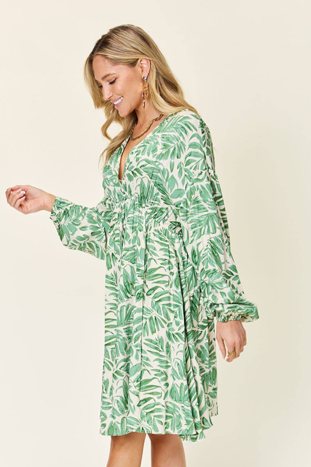 Double Take Full Size Printed Ruched Balloon Sleeve Dress - Siennasass
