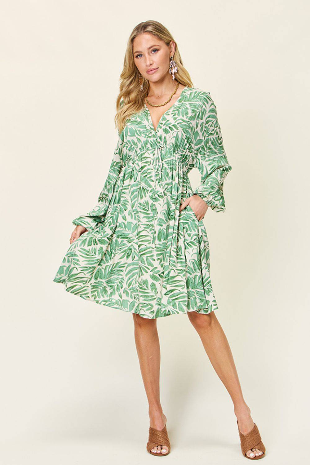 Double Take Full Size Printed Ruched Balloon Sleeve Dress - Siennasass