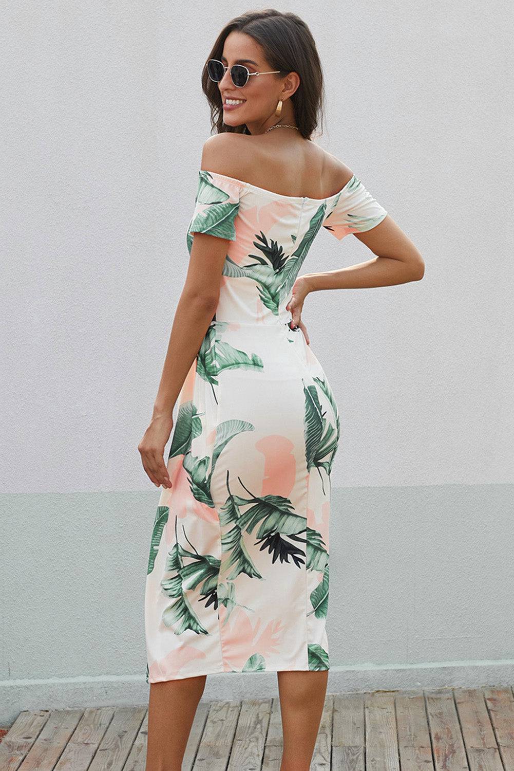 Printed Off-Shoulder Split Dress - Siennasass