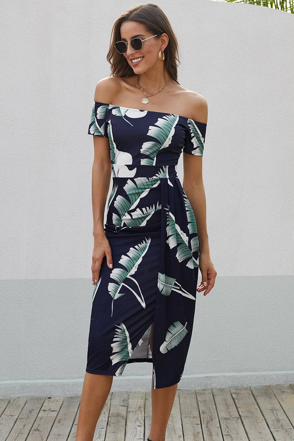 Printed Off-Shoulder Split Dress - Siennasass