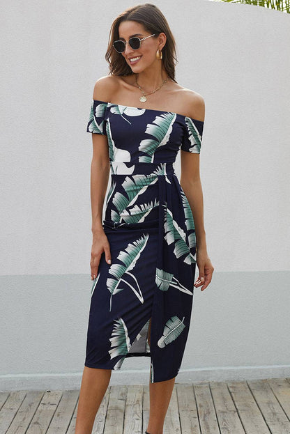 Printed Off-Shoulder Split Dress - Siennasass