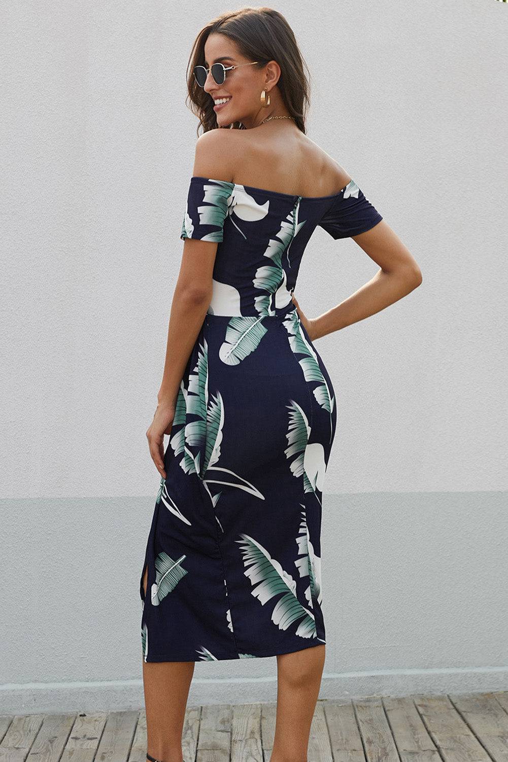 Printed Off-Shoulder Split Dress - Siennasass
