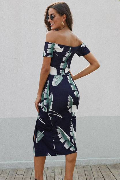Printed Off-Shoulder Split Dress - Siennasass