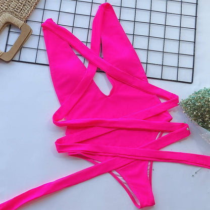 Halter Neck Deep V Tied One-Piece Swimsuit - Siennasass