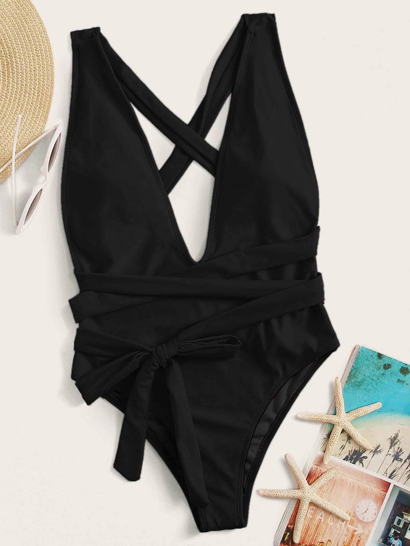 Halter Neck Deep V Tied One-Piece Swimsuit - Siennasass