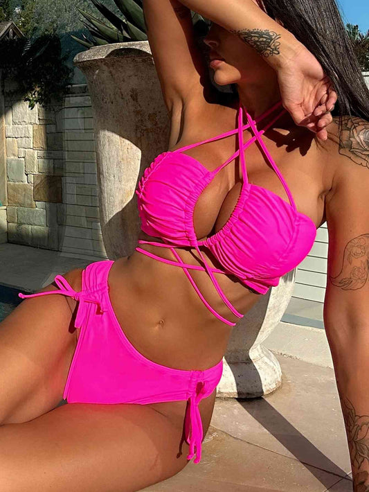 Halter Neck Drawstring Detail Bikini Set - Siennasass