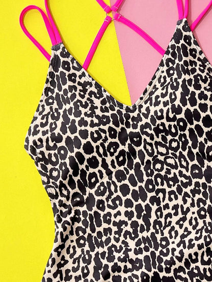 Leopard Plunge Spaghetti Strap One-Piece Swimwear - Siennasass