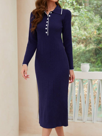 Langärmliges Midikleid mit Viertelknopfleiste