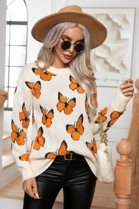 Schmetterlings-Rundhals-Langarmpullover