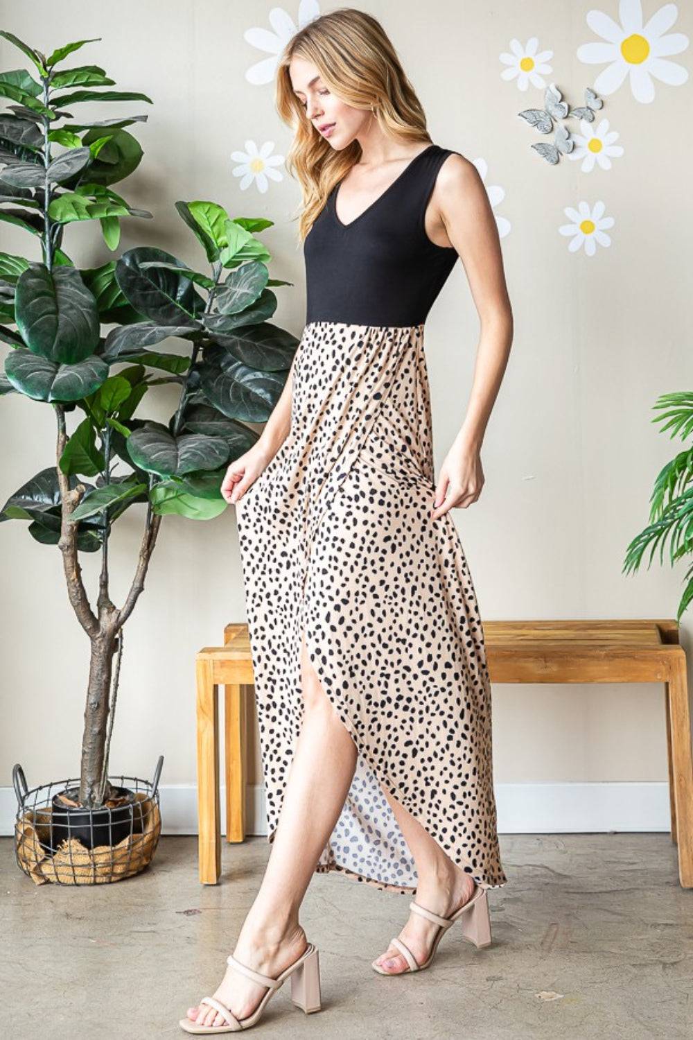 Heimish Full Size Slit Animal Print V-Neck Wide Strap Dress - Siennasass