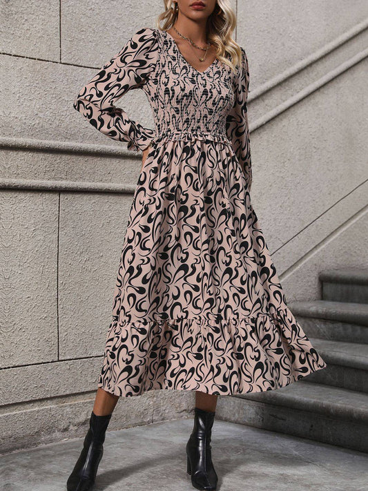 Bedrucktes Langarm-Midikleid mit V-Ausschnitt