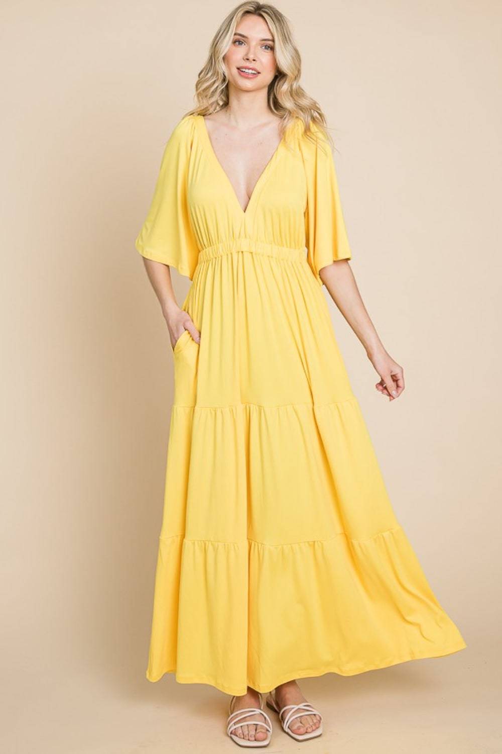 Culture Code Backless Plunge Half Sleeve Tiered Dress - Siennasass