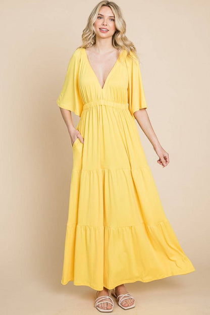 Culture Code Backless Plunge Half Sleeve Tiered Dress - Siennasass