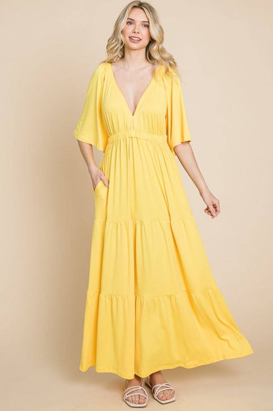 Culture Code Backless Plunge Half Sleeve Tiered Dress - Siennasass