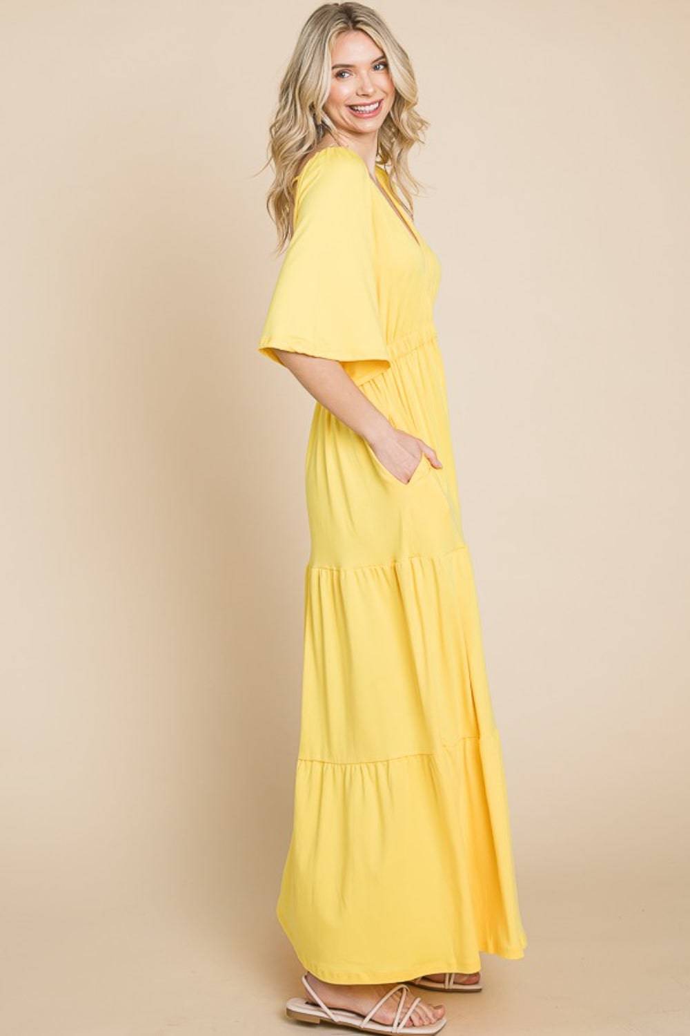 Culture Code Backless Plunge Half Sleeve Tiered Dress - Siennasass