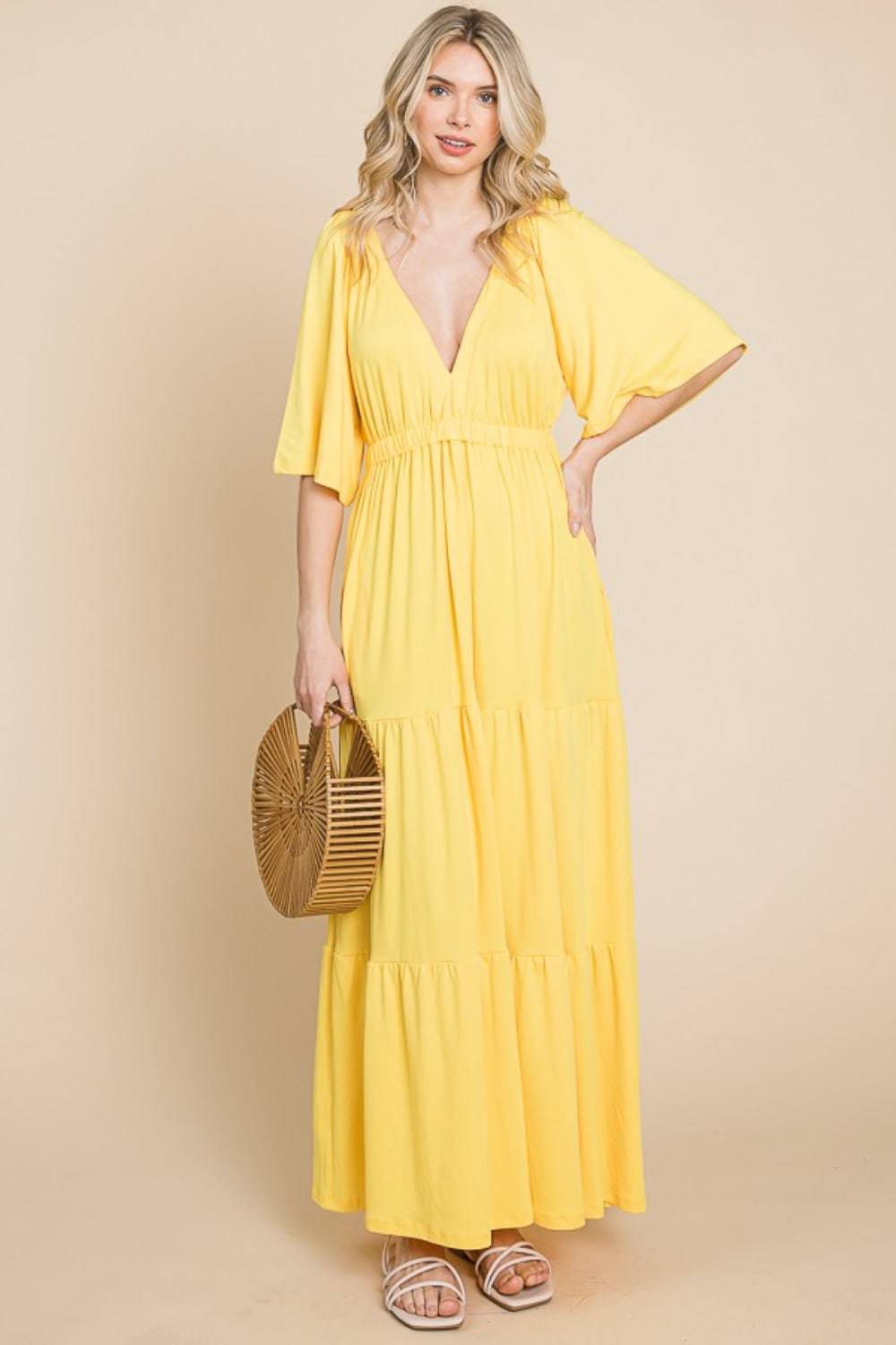 Culture Code Backless Plunge Half Sleeve Tiered Dress - Siennasass