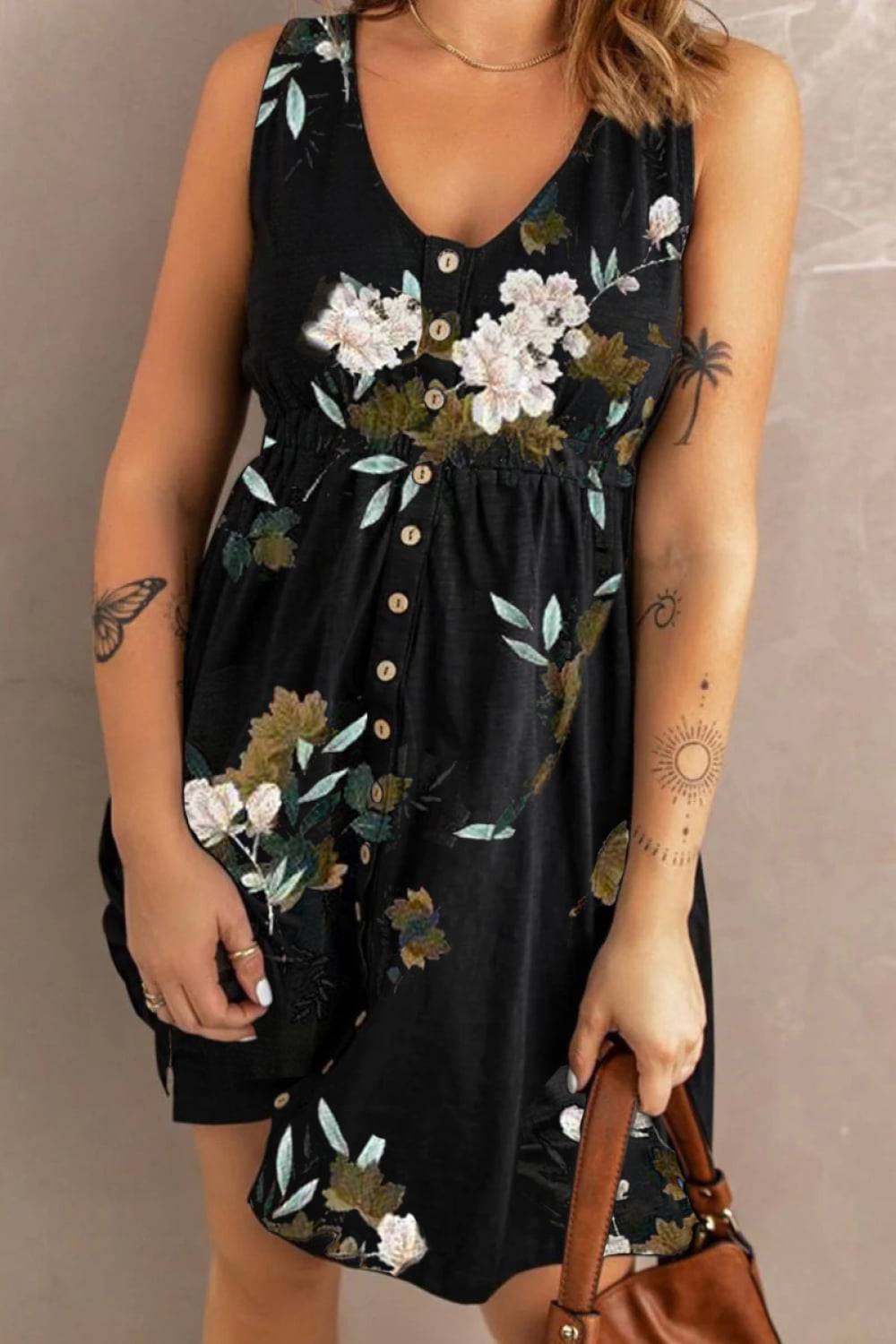 Double Take Printed Scoop Neck Sleeveless Buttoned Magic Dress with Pockets - Siennasass