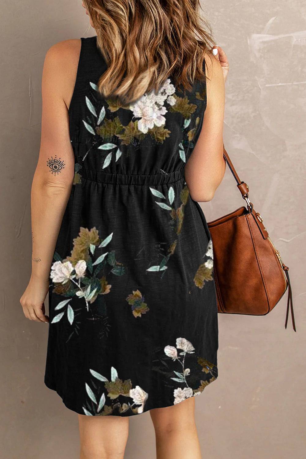 Double Take Printed Scoop Neck Sleeveless Buttoned Magic Dress with Pockets - Siennasass