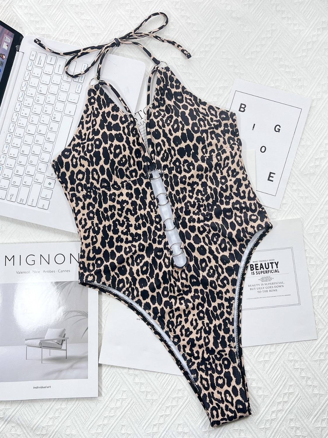 Leopard Cutout Halter Neck One-Piece Swimwear - Siennasass