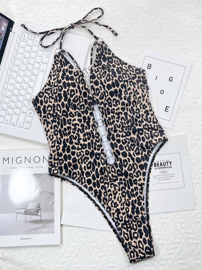 Leopard Cutout Halter Neck One-Piece Swimwear - Siennasass
