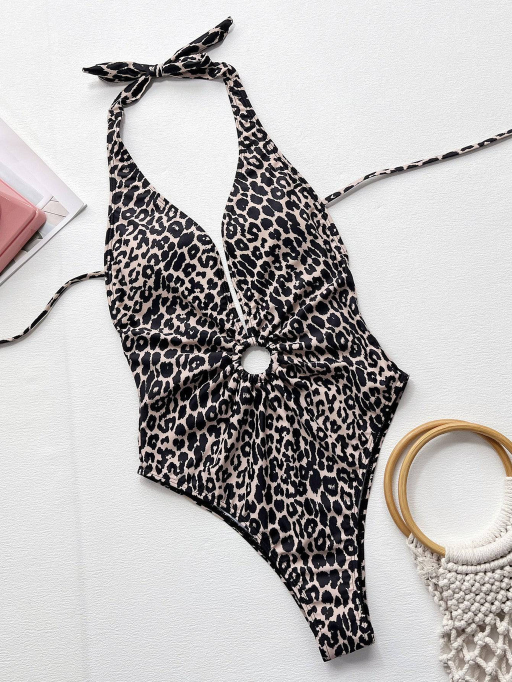 Leopard Halter Neck Ring Detail One-Piece Swimsuit - Siennasass