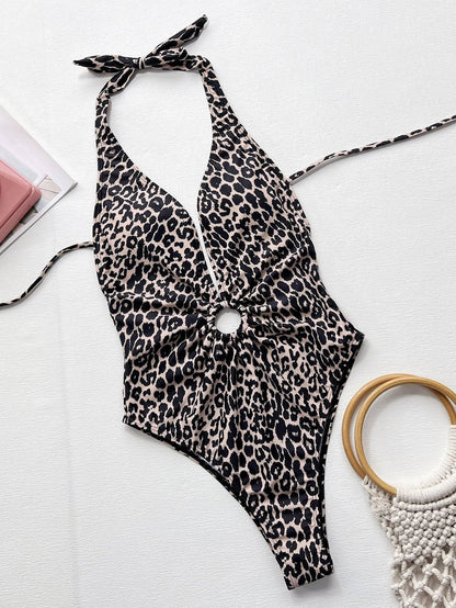 Leopard Halter Neck Ring Detail One-Piece Swimsuit - Siennasass
