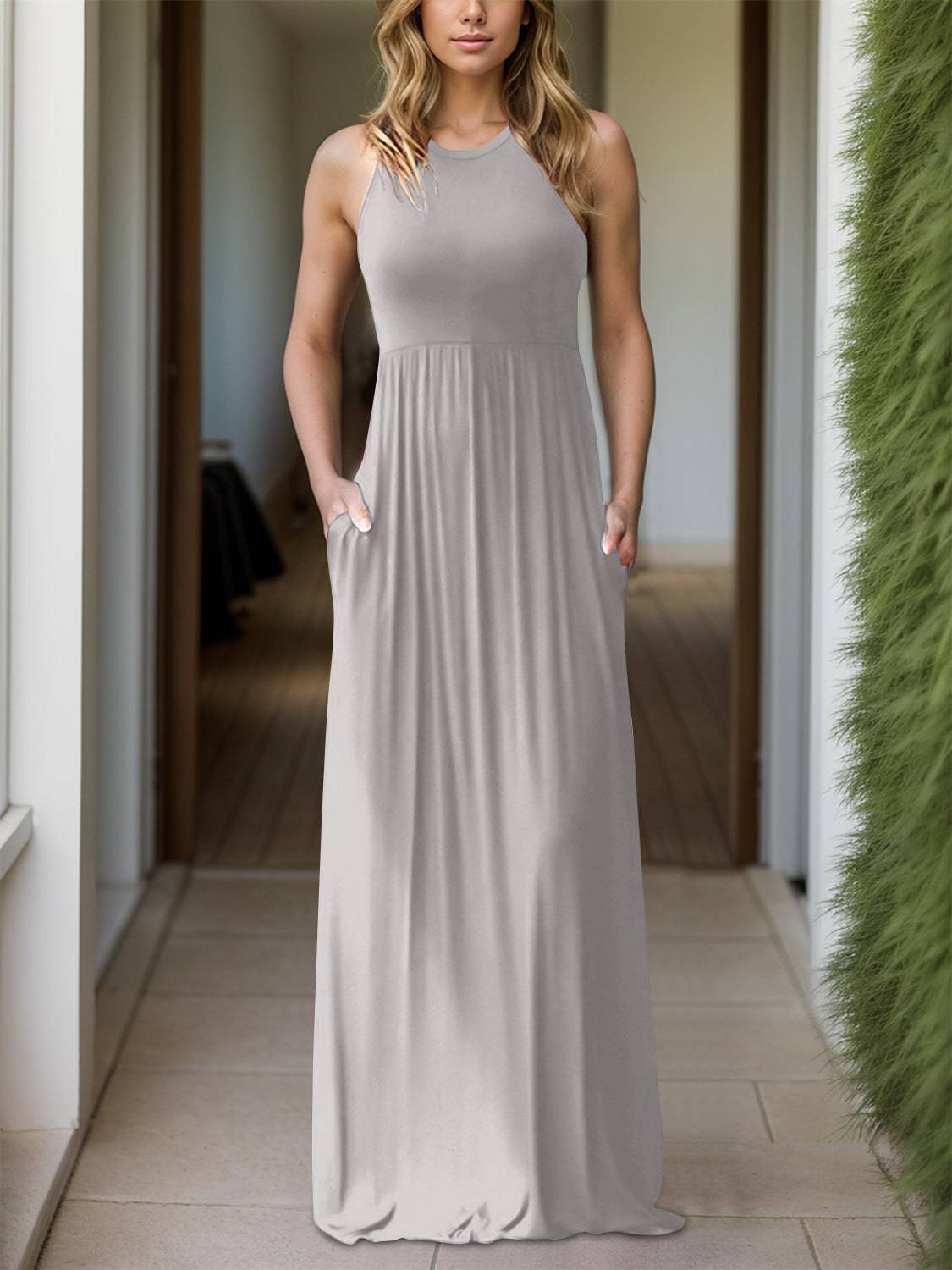 Full Size Grecian Neck Dress with Pockets - Siennasass