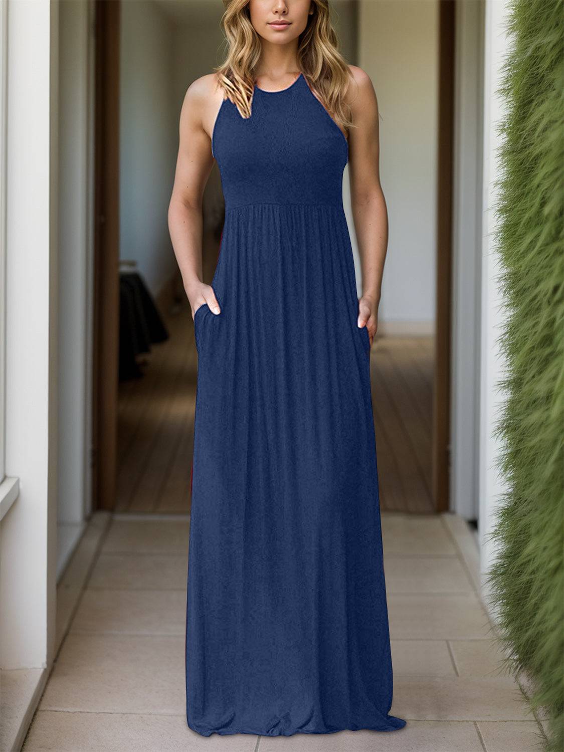 Full Size Grecian Neck Dress with Pockets - Siennasass