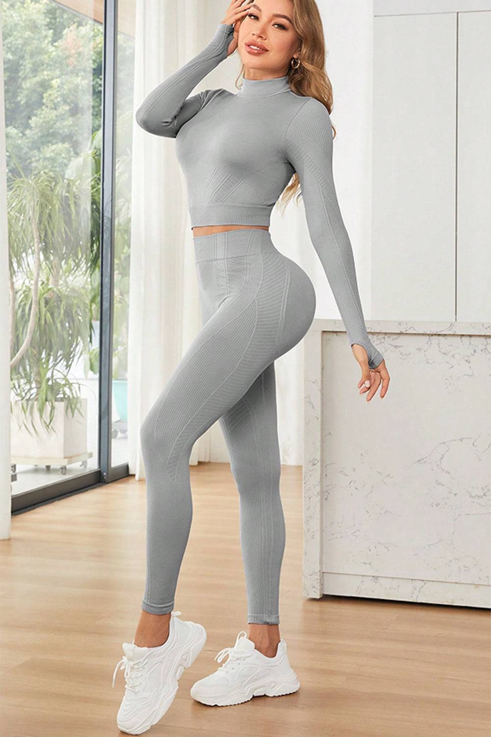 Mock Neck Long Sleeve Top and Leggings Active Set - Siennasass