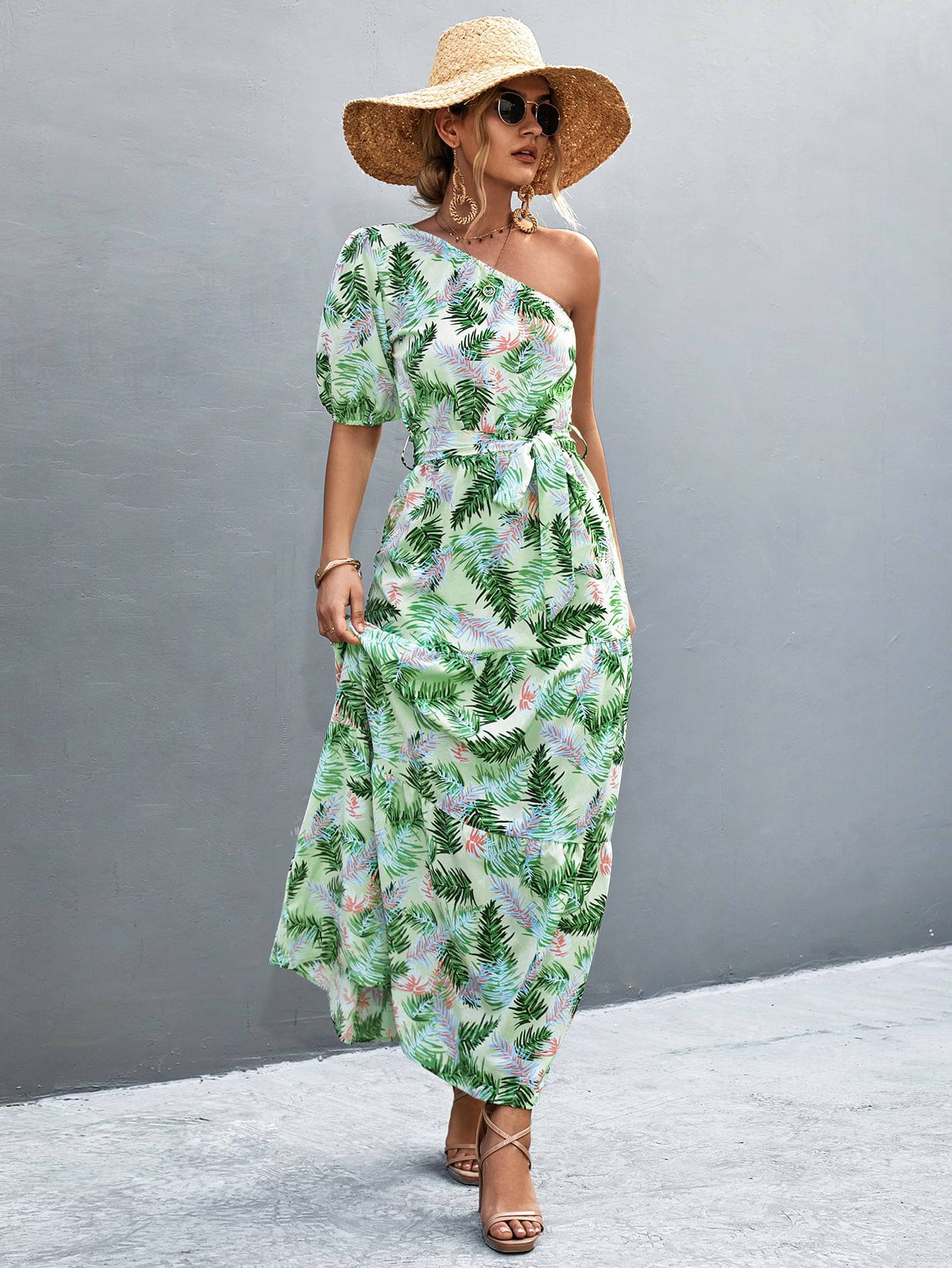 Printed Tie Waist One Shoulder Maxi Dress - Siennasass