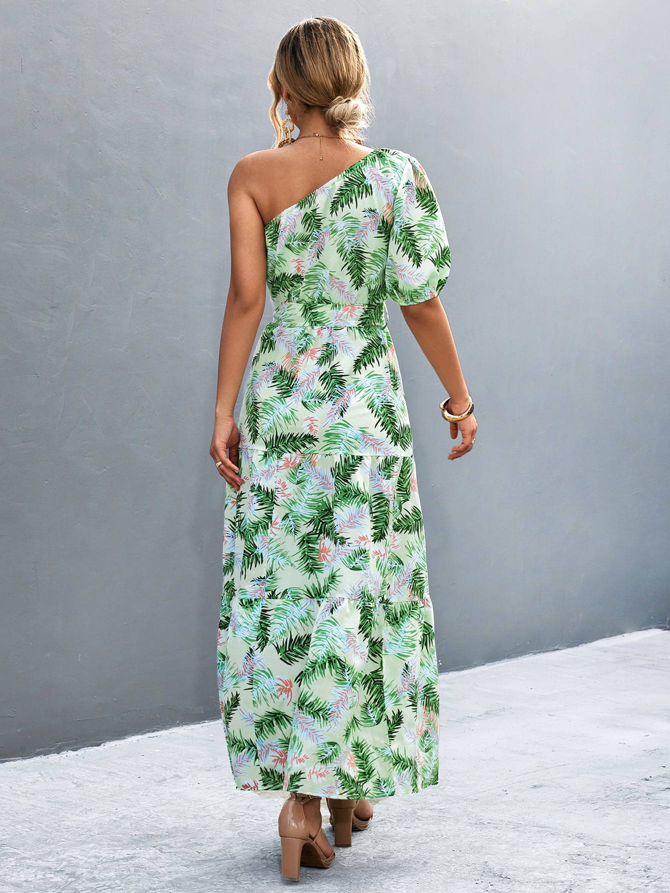 Printed Tie Waist One Shoulder Maxi Dress - Siennasass