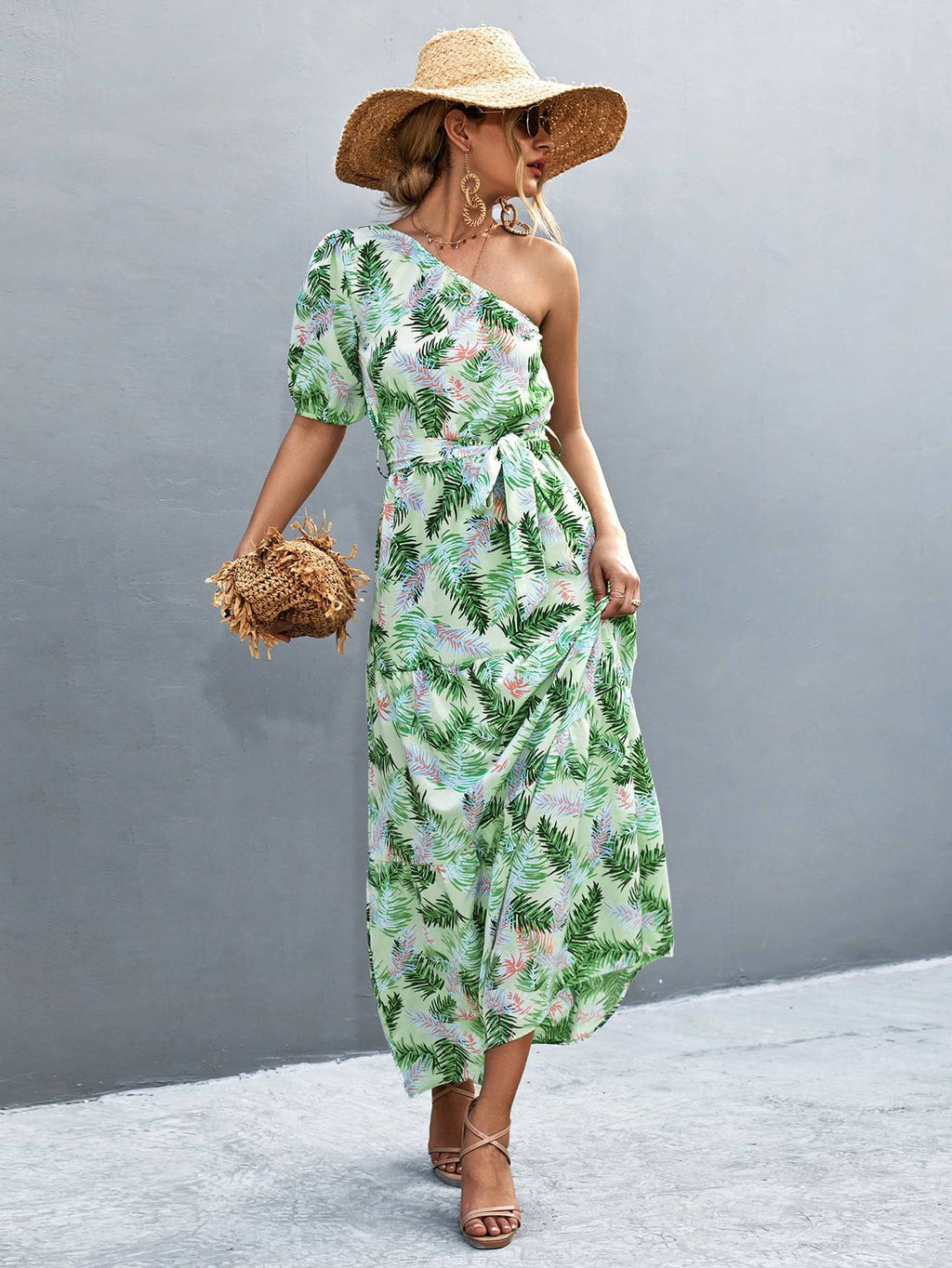 Printed Tie Waist One Shoulder Maxi Dress - Siennasass