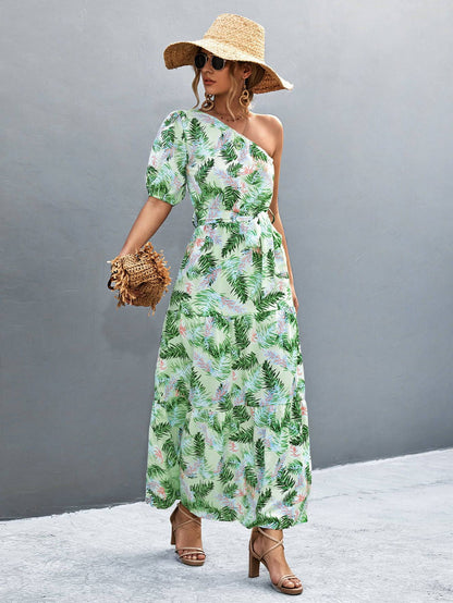Printed Tie Waist One Shoulder Maxi Dress - Siennasass