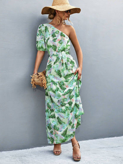 Printed Tie Waist One Shoulder Maxi Dress - Siennasass