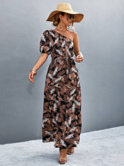 Printed Tie Waist One Shoulder Maxi Dress - Siennasass