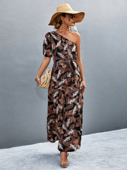 Printed Tie Waist One Shoulder Maxi Dress - Siennasass