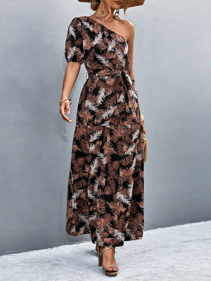 Printed Tie Waist One Shoulder Maxi Dress - Siennasass