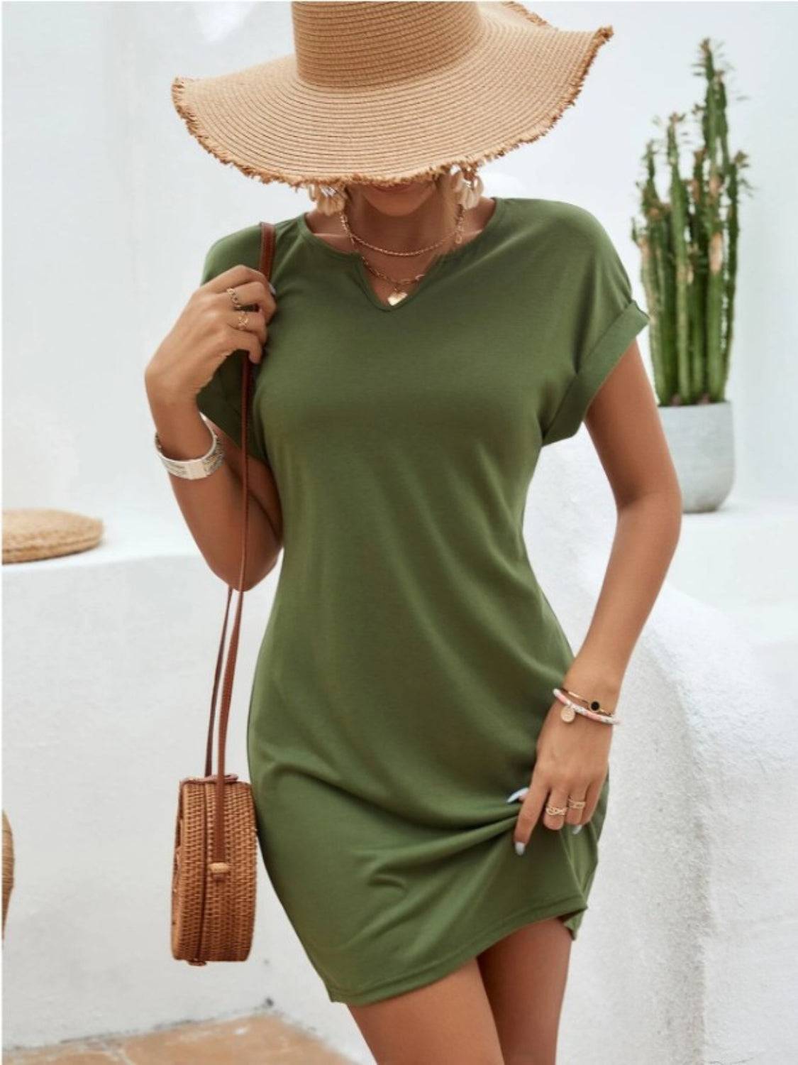 Notched Short Sleeve Mini Tee Dress - Siennasass