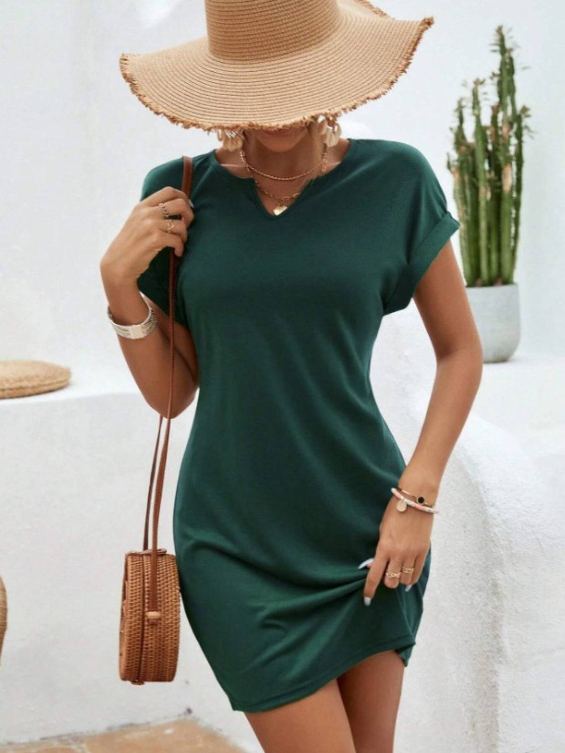 Notched Short Sleeve Mini Tee Dress - Siennasass