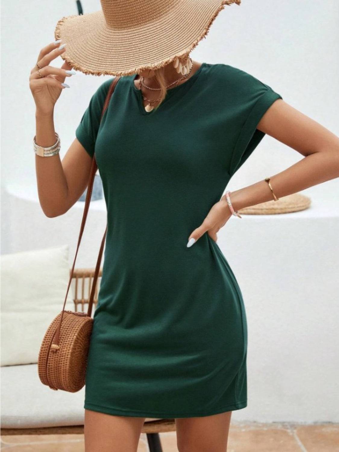 Notched Short Sleeve Mini Tee Dress - Siennasass