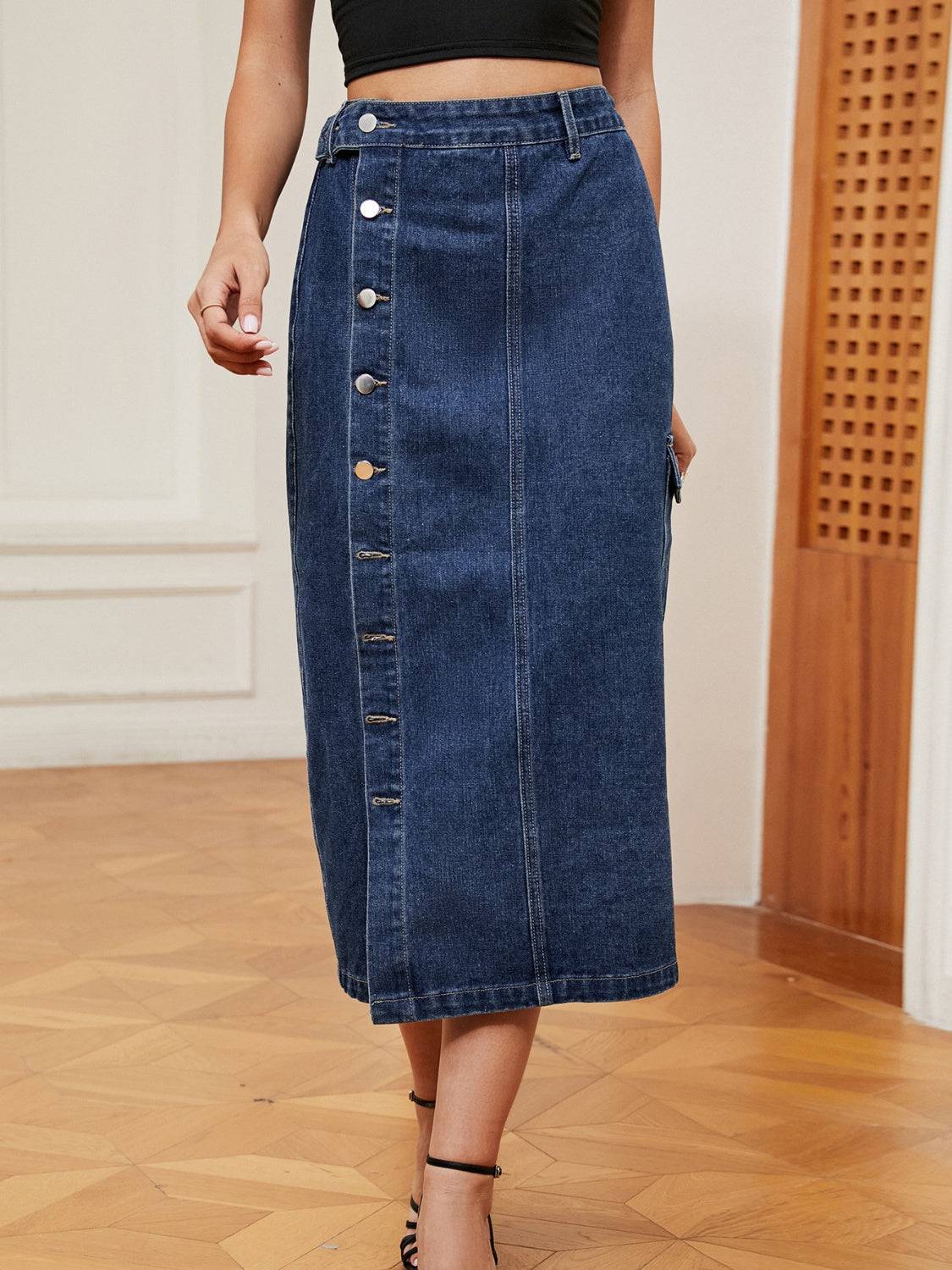 Button Down Midi Denim Skirt - Siennasass
